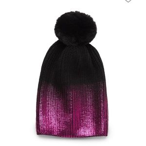 Fuschia Jocelyn Faux Fur Pom Metallic Ombré Knit Hat